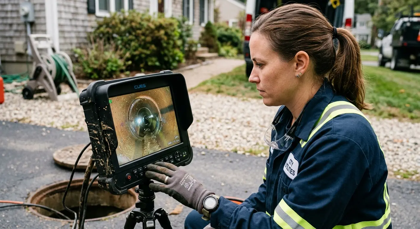 Technician reviewing sewer camera inspection footage in Blythe