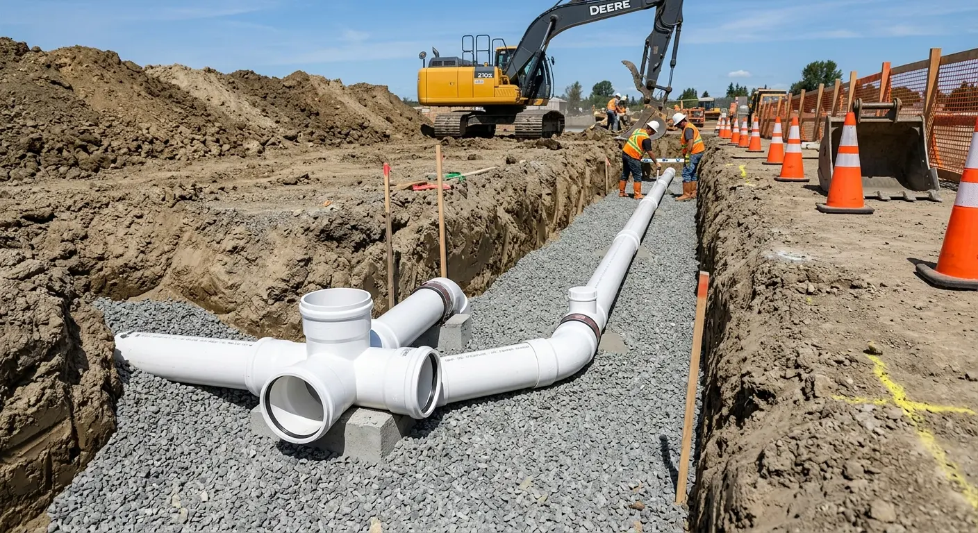 New PVC sewer pipe installation in open trench for Grease Trap Cleaning in Blythe