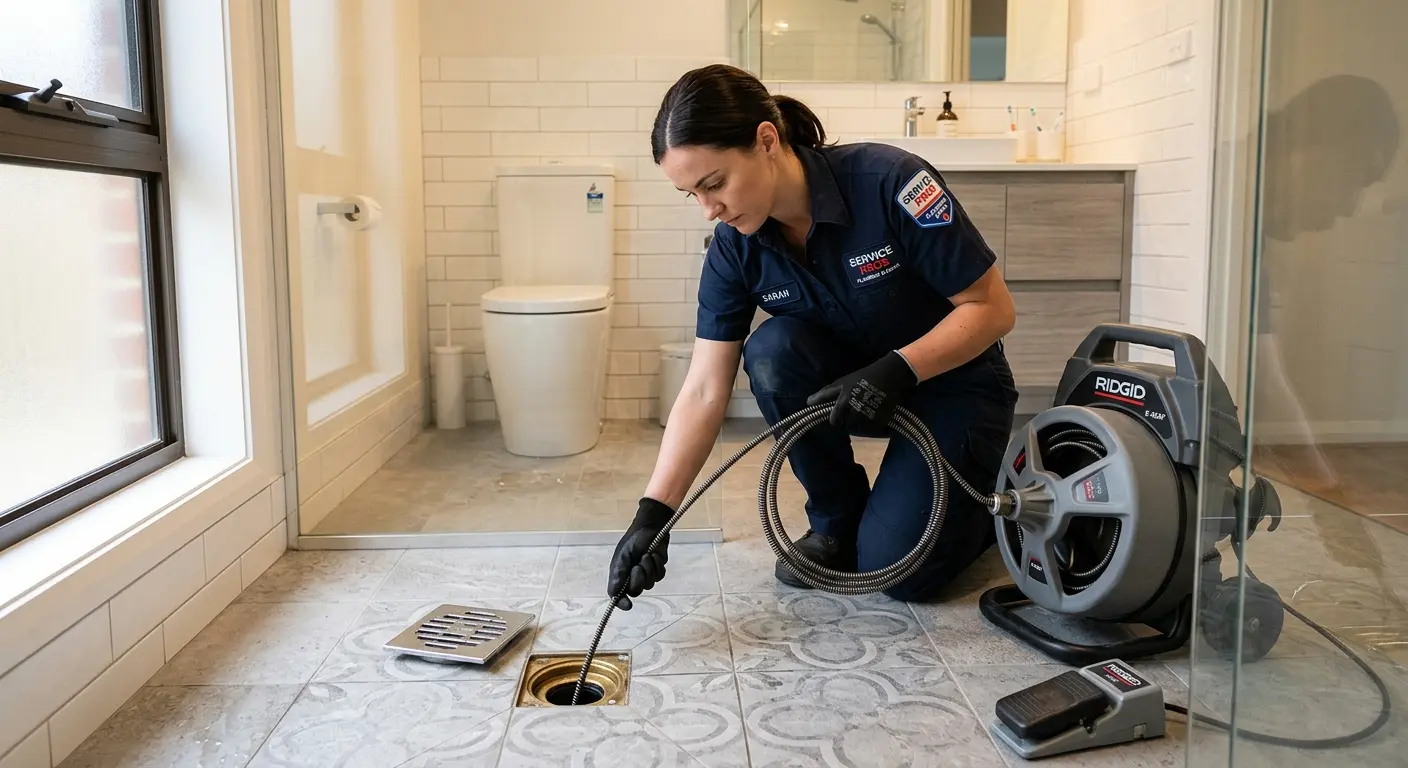 Technician clearing a bathroom floor drain for Sewer Line Installation in Blythe
